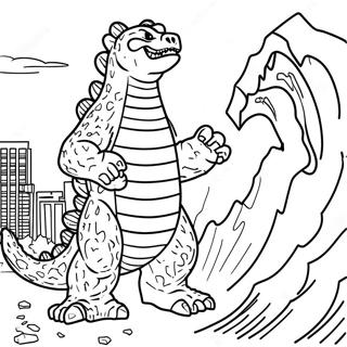 Page à colorier de Godzilla 2000 détruisant la ville | Page de coloriage Godzilla 2000