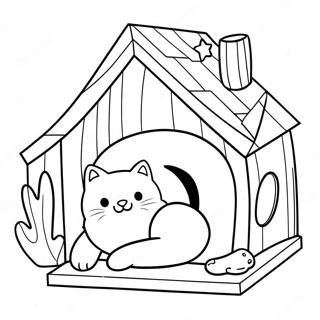 Maison de chat confortable à colorier | Page de coloriage Maison de chat