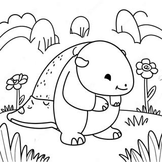Page à colorier mignon tatou dans un champ de fleurs | Page de coloriage Tatou