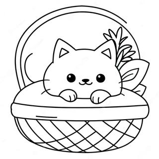 Page à colorier d'un chat duveteux dormant dans un panier | Page de coloriage Chat Dormant