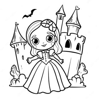 Page à colorier de la fille vampire avec un château hanté | Page de coloriage Fille Vampire