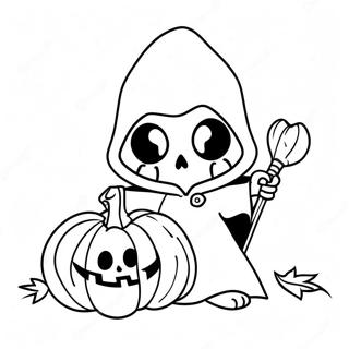 Page à colorier Faucheuse mignonne avec une citrouille | Page de coloriage Faucheuse