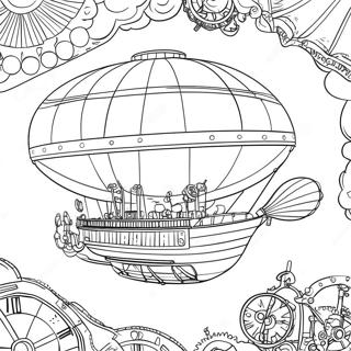 Page à colorier d'aventure en dirigeable steampunk | Page de coloriage Steampunk
