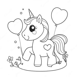 Page à colorier de licorne mignonne avec des ballons en forme de cœur | Page de coloriage Licorne Saint-Valentin