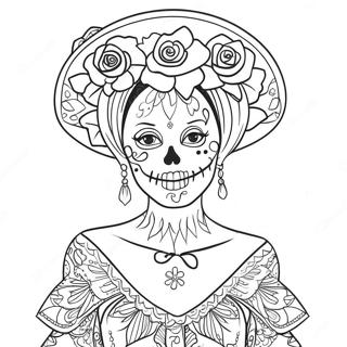 Page à colorier Catrina élégante avec des fleurs | Page de coloriage Catrina