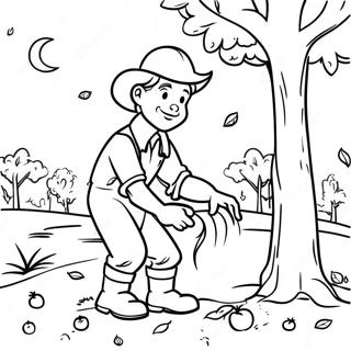 Page à colorier de Johnny Appleseed plantant des pommiers | Page de coloriage Johnny Appleseed