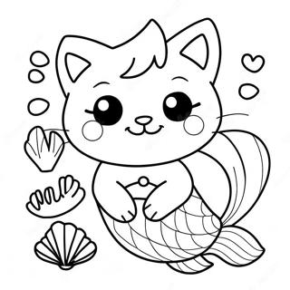 Page à colorier de mignon chat sirène avec des coquillages | Page de coloriage Chat Sirène