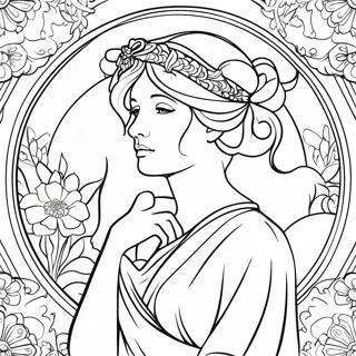 Page à colorier d'une élégante dame d'Alphonse Mucha | Page de coloriage Alphonse Mucha