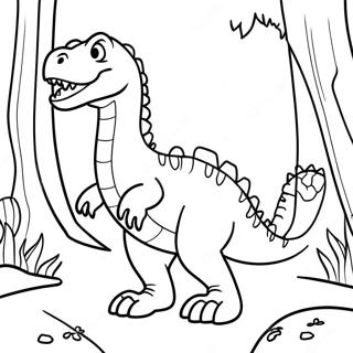 Page à colorier d'un Allosaure amical dans une forêt | Page de coloriage Allosaure