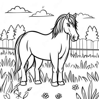 Page à colorier d'un cheval de trait majestueux dans un pré | Page de coloriage Cheval de trait