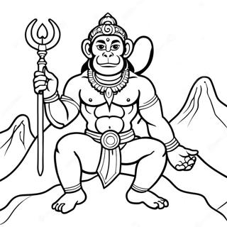 Page à colorier de Hanuman avec la montagne | Page de coloriage Hanuman
