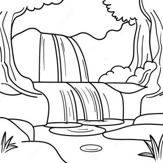 Page à colorier de chute d'eau réaliste dans une forêt | Page de coloriage Cascade Réaliste