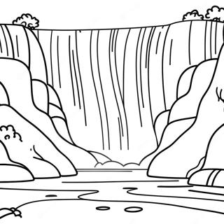 Page à colorier de chute d'eau majestueuse avec arc-en-ciel | Page de coloriage Cascade Réaliste