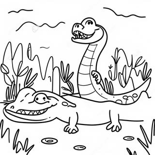 Page à colorier de scène de marais avec des alligators | Page de coloriage Marais