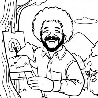 Page à colorier Joyeux Bob Ross peignant un arbre heureux | Page de coloriage Bob Ross