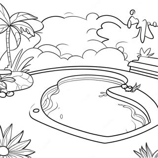 Page à colorier d'une scène de piscine colorée | Page de coloriage Piscine