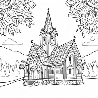 Page à colorier Église en bois norvégienne traditionnelle | Page de coloriage Norvège