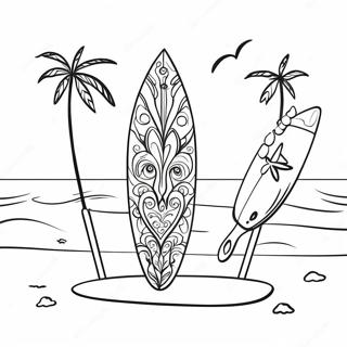 Page à colorier de planche de surf colorée sur la plage | Page de coloriage Surf est prêt
