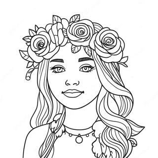 Page à colorier de fille VSCO tendance avec une couronne de fleurs | Page de coloriage Fille Vsco
