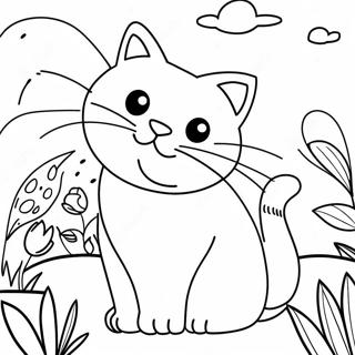 Page à colorier d'un chat joueur dans un jardin | Page de coloriage C est pour Chat