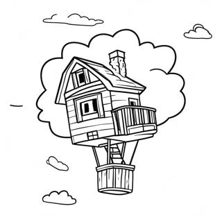 Page à colorier de la maison flottante dans le ciel | Page de coloriage Vers le haut