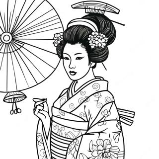 Page à colorier Geisha élégante en kimono | Page de coloriage Geisha