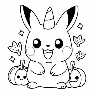Page à colorier d'un joli Pikachu d'Halloween avec une citrouille | Page de coloriage Pikachu d'Halloween