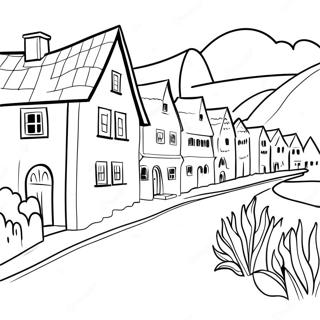 Page à colorier d'un charmant village suisse | Page de coloriage Suisse