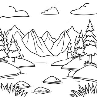 Page à colorier de scène de lac avec des montagnes majestueuses | Page de coloriage Lac
