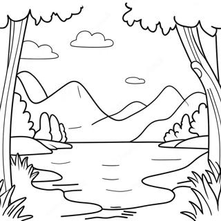 Page à colorier de coucher de soleil serein sur un lac calme | Page de coloriage Lac