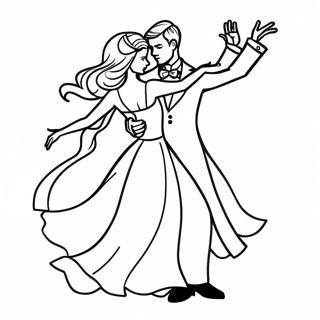 Page à colorier de couple élégant dansant au bal de promo | Page de coloriage Bal