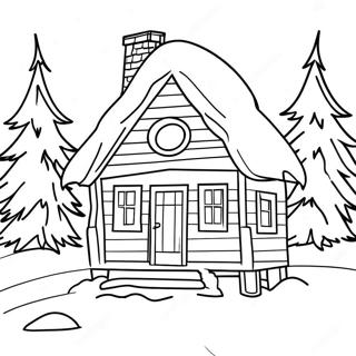 Page à colorier de chalet d'hiver enneigé avec des pins | Page de coloriage Cabane d'hiver