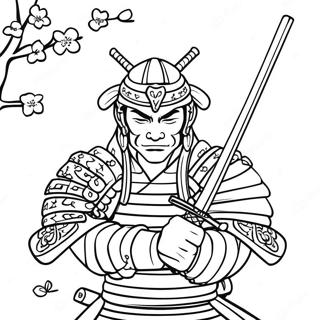Page à colorier de Samouraï Katana avec des fleurs de cerisier | Page de coloriage Katana
