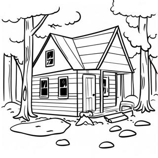 Page à colorier d'une cabane rustique dans les bois | Page de coloriage Rustique