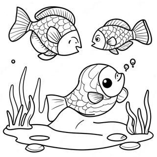 Page à colorier de scène de étang avec des poissons colorés | Page de coloriage Étang