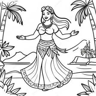 Page à colorier de danseuse hula en tenue traditionnelle | Page de coloriage Polynésien
