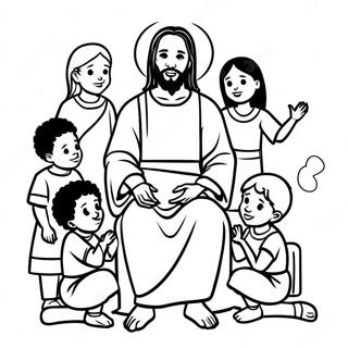 Page à colorier de Jésus noir avec des enfants | Page de coloriage Jésus Noir