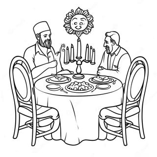 Page à colorier de la table du dîner de Shabbat joyeux | Page de coloriage Shabbat