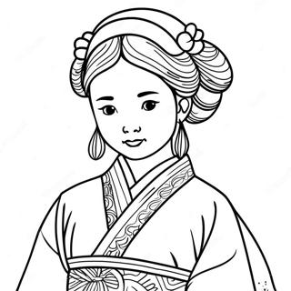 Page à colorier de fille coréenne en hanbok traditionnel | Page de coloriage Fille Coréenne