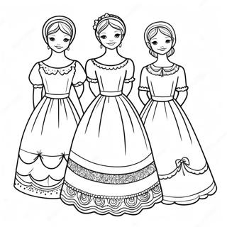 Page à colorier des trois sœurs en belles robes | Page de coloriage Trois Sœurs