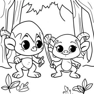 Page à colorier de gobelins fantaisistes dans une forêt | Page de coloriage Goblincore