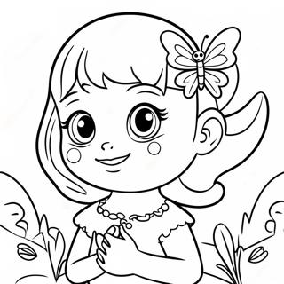Page à colorier de la mignonne Mia avec un papillon | Page de coloriage Mia