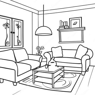 Page à colorier d'intérieur de salon confortable | Page de coloriage Design d'intérieur