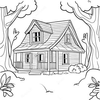 Page à colorier de cottage charmant dans les bois | Page de coloriage Cottage