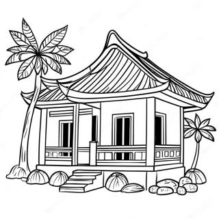 Page à colorier maison vietnamienne traditionnelle | Page de coloriage Vietnam