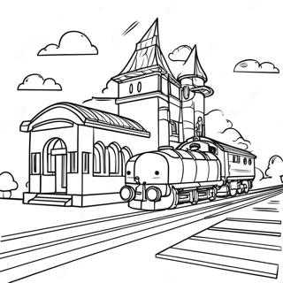 Page à colorier de la gare Lego colorée | Page de coloriage Train Lego