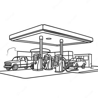 Page à colorier de scène de station-service animée | Page de coloriage Station-service