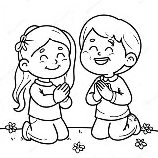 Page à colorier enfants joyeux priant | Page de coloriage Dieu est Bon