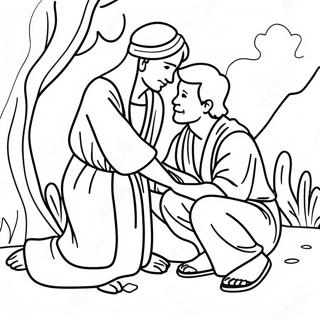 Page à colorier du Bon Samaritain aidant un étranger | Page de coloriage Bon Samaritain
