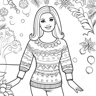 Page à colorier de Barbie en pull festif | Page de coloriage Barbie Noël